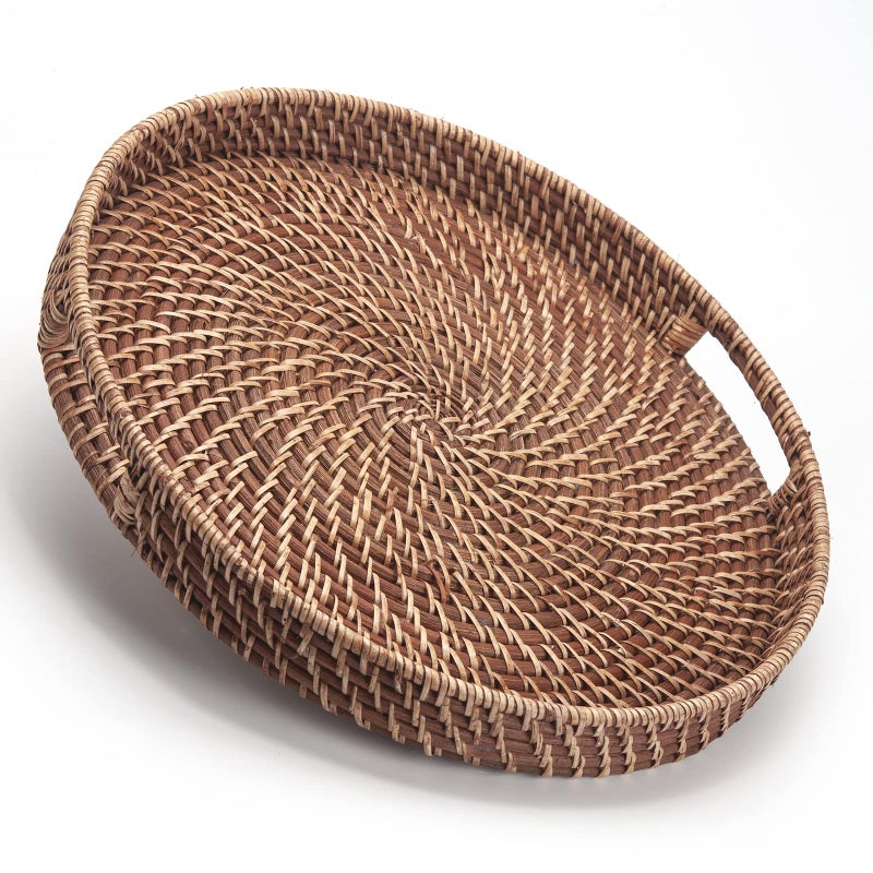 DECRAFTS Round Rattan Woven Serving Tray with Handles Ottoman Tray for Breakfast, Drinks, Snacks for Coffee Table, Home Decorative (Honey Brown, 13.8"x2") - Image 1
